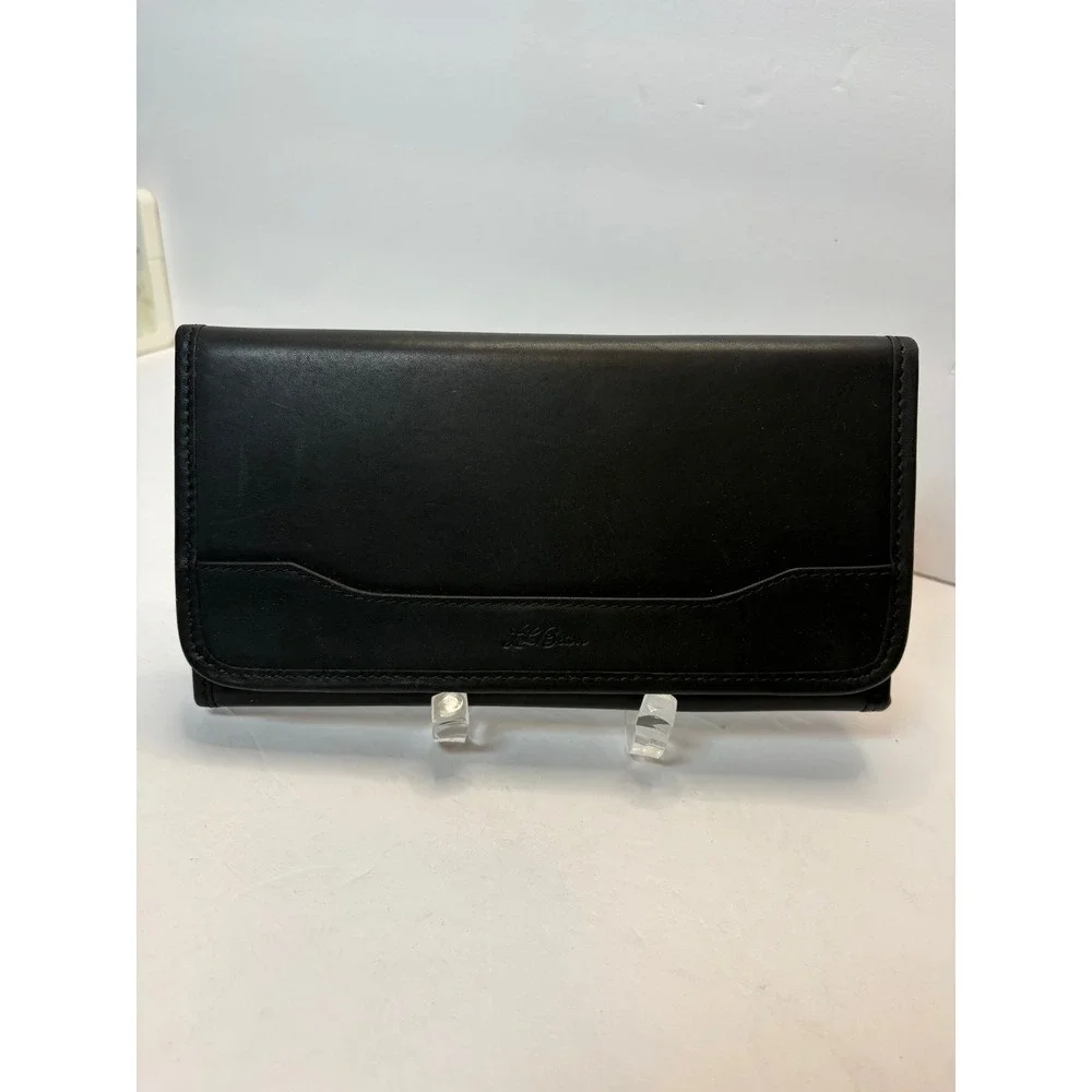 Vintage LL Bean Black Leather Trifold‎ Checkbook Wallet Plaid Lining Mens Womens